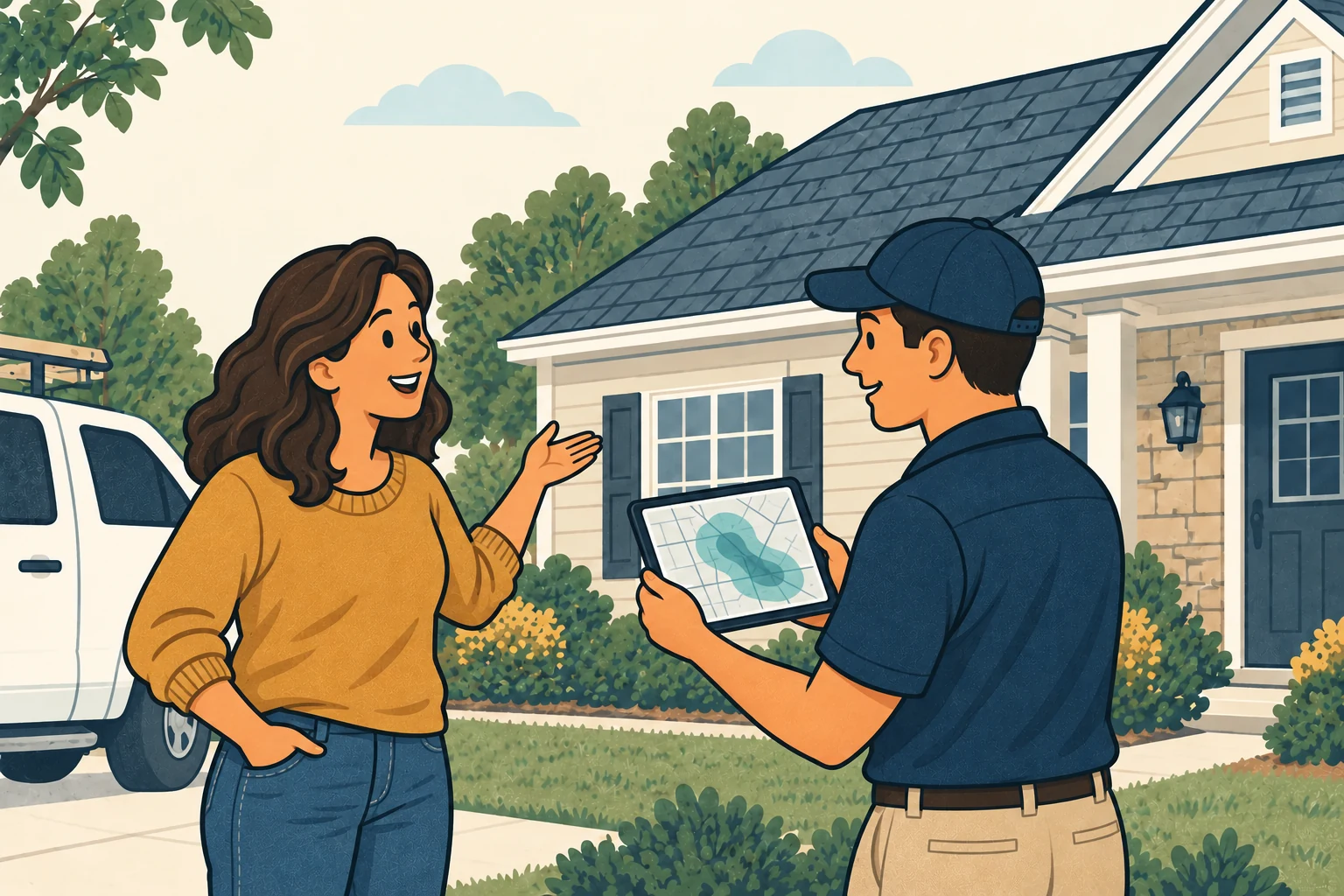 Drawing of a homeowner woman discussing her roof with a roofer showing a hail map on a tablet