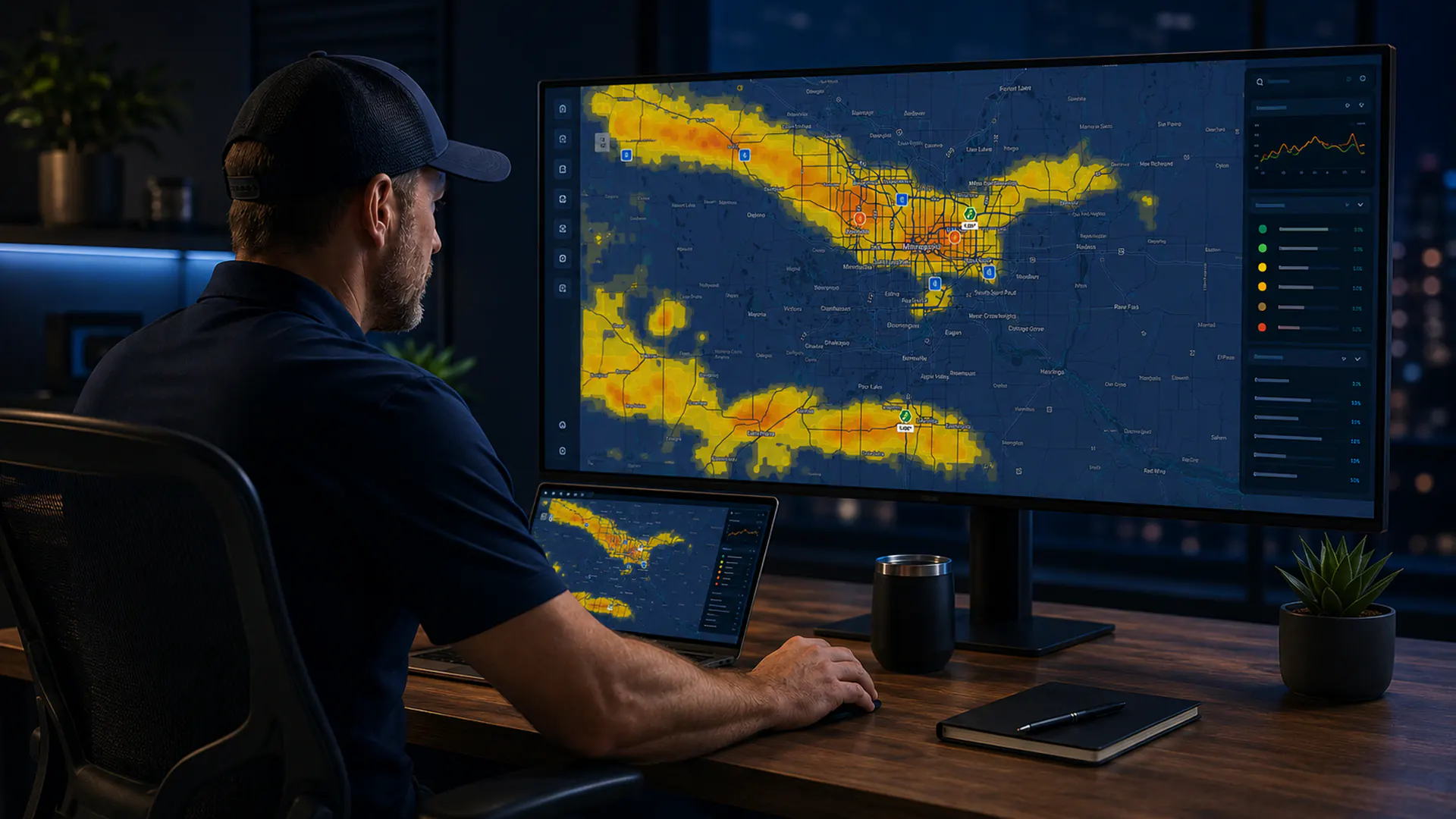 A restoration pro reviewing a HailGeeks hail map on a widescreen monitor