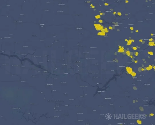 Hail map for Huntsville, AL on Aug 3, 2022