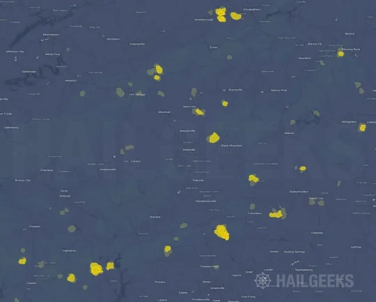 Hail map for Asheville, NC on Aug 6, 2026